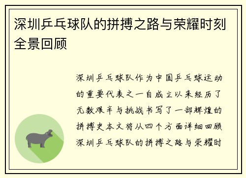 深圳乒乓球队的拼搏之路与荣耀时刻全景回顾